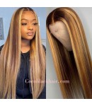 Lori-highlight brown silk straight pre plucked 360 wig Brazilian virgin human hair