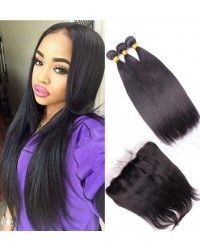 lace frontal with 3 bundles silk straight Malaysian virgin